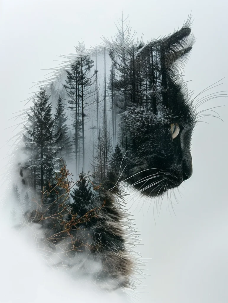 Paper Cutout Double Exposure: Cat Silhouette in Forest